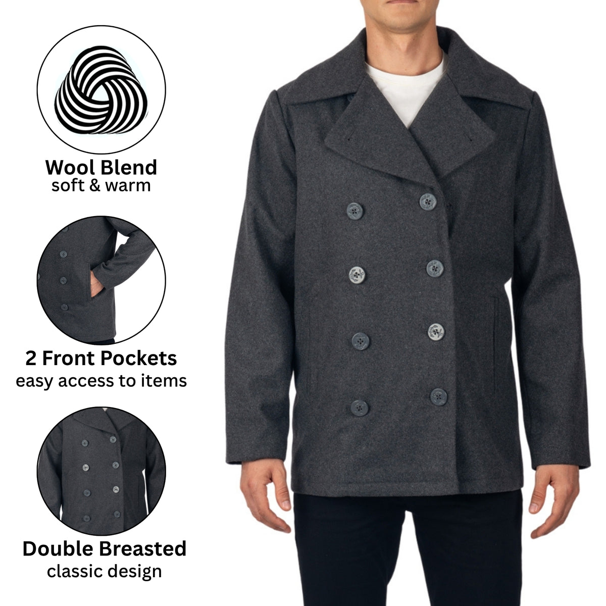 Alpine Swiss Mason Mens Wool Blend Pea Coat Classic Double Breasted Winter Coat Warm – Gray