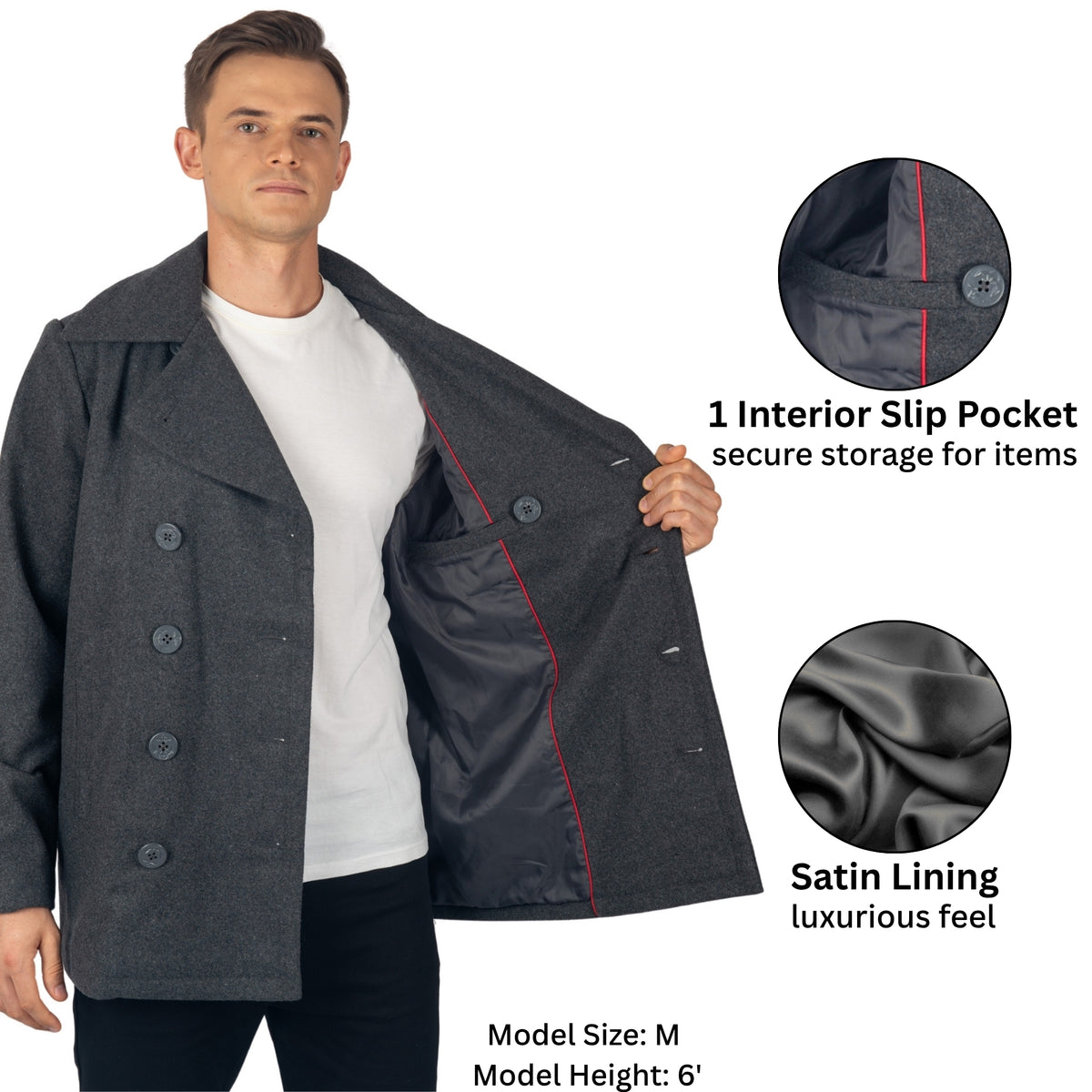 Alpine Swiss Mason Mens Wool Blend Pea Coat Classic Double Breasted Winter Coat Warm – Gray