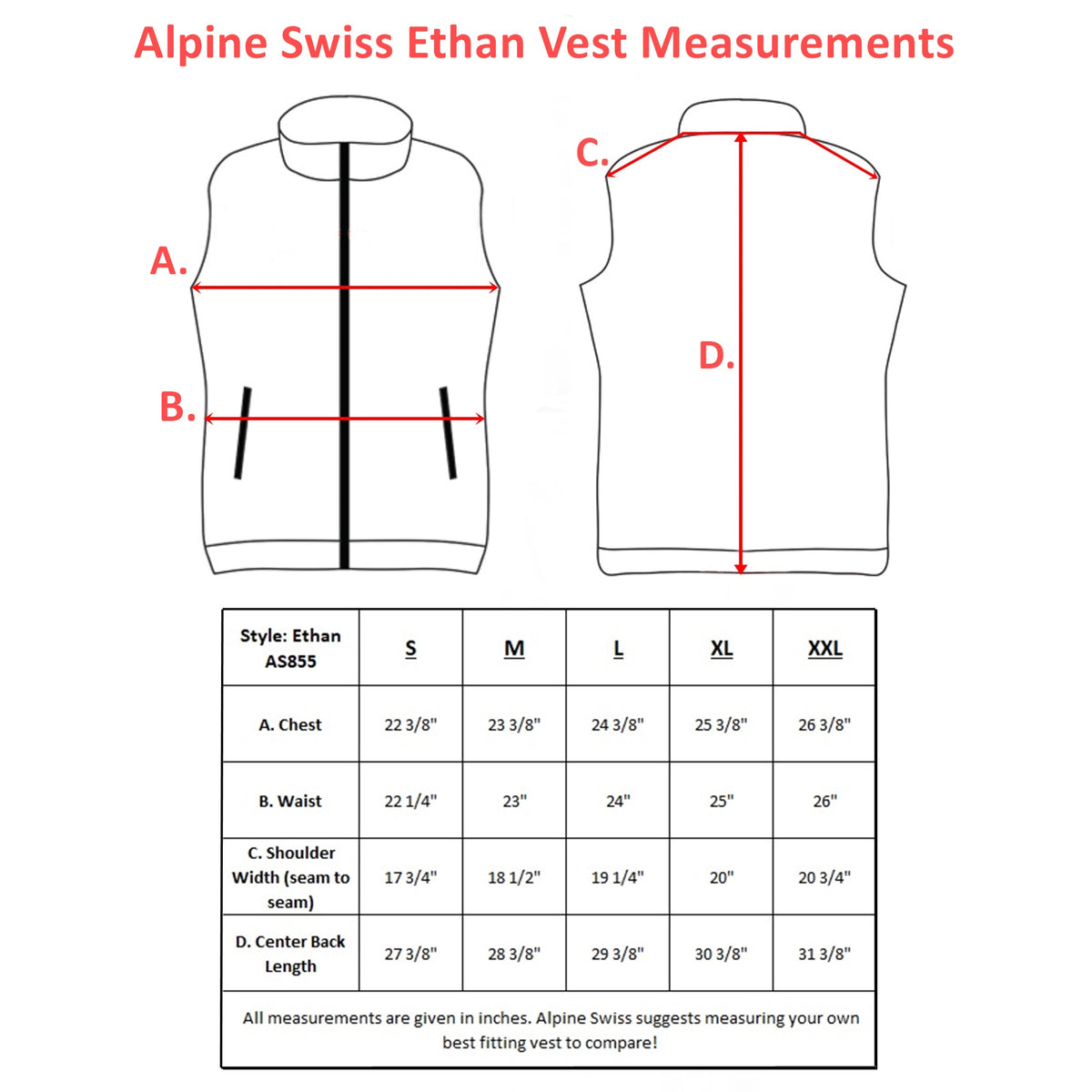 Alpine Swiss Mens Full Zip Up Fleece Vest Lightweight Warm Sleeveless Jacket – Black