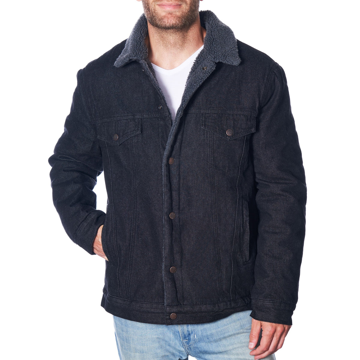 Alpine Swiss Mens Sherpa Lined Denim Jacket Classic Button Up Jean Trucker Coat – Black