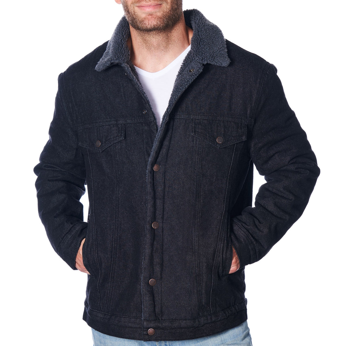 Alpine Swiss Mens Sherpa Lined Denim Jacket Classic Button Up Jean Trucker Coat – Black