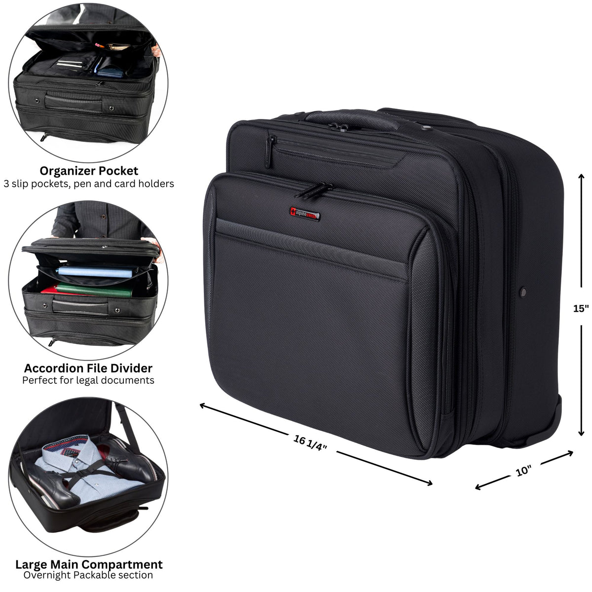 Alpine Swiss Rolling Briefcase Wheeled Overnight Carry on Bag up to 15.6” Laptop – Black