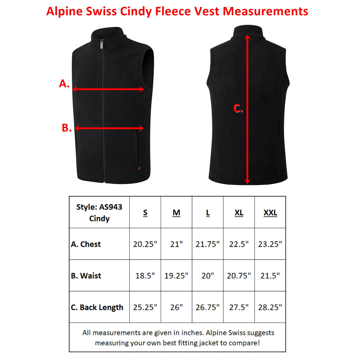 Alpine Swiss Cindy Womens Polar Fleece Vest Zip Up Lightweight Sleeveless Jacket – Black