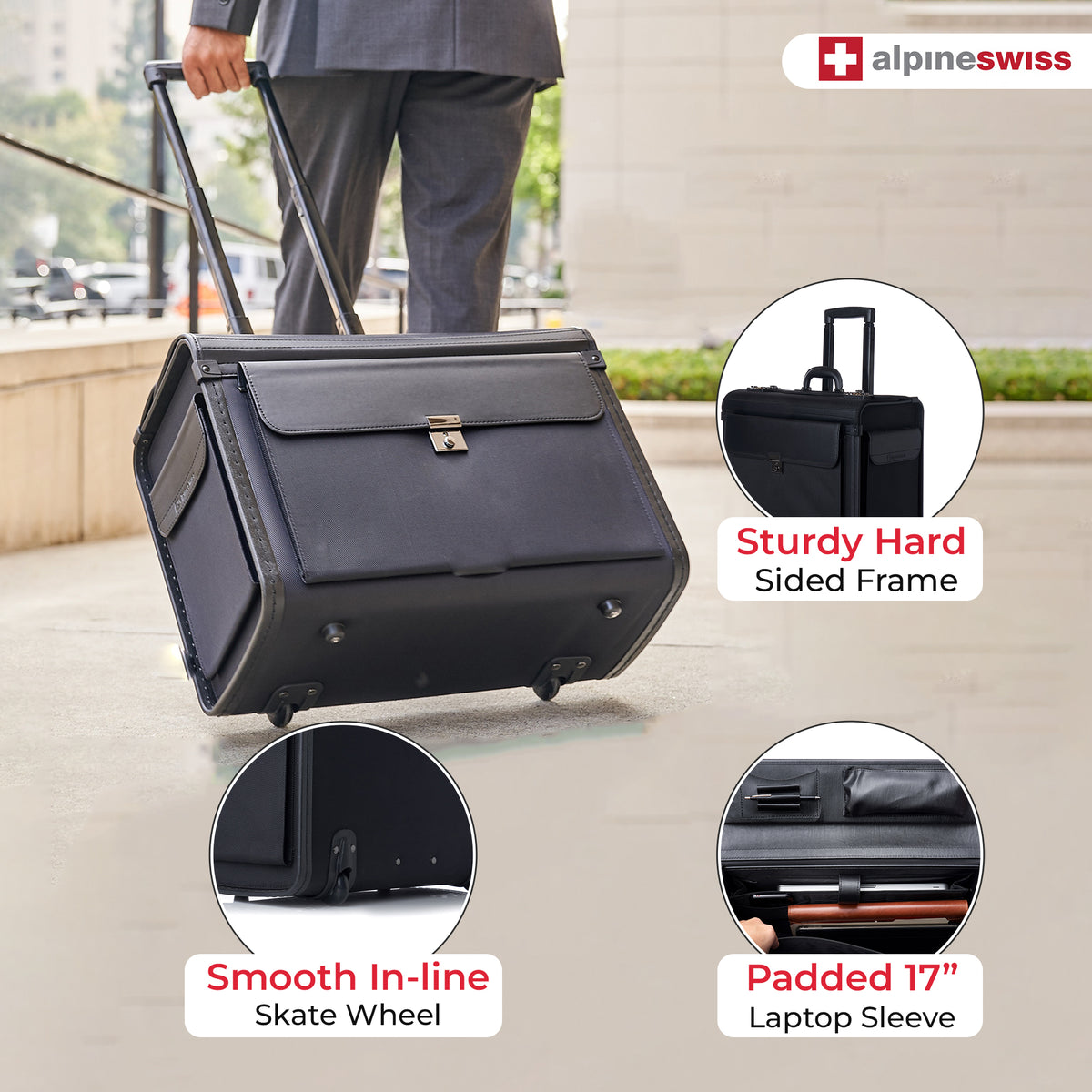 Alpine Swiss Rolling 17" Laptop Briefcase on Wheels Attache Lawyers Case Legal Size – Black