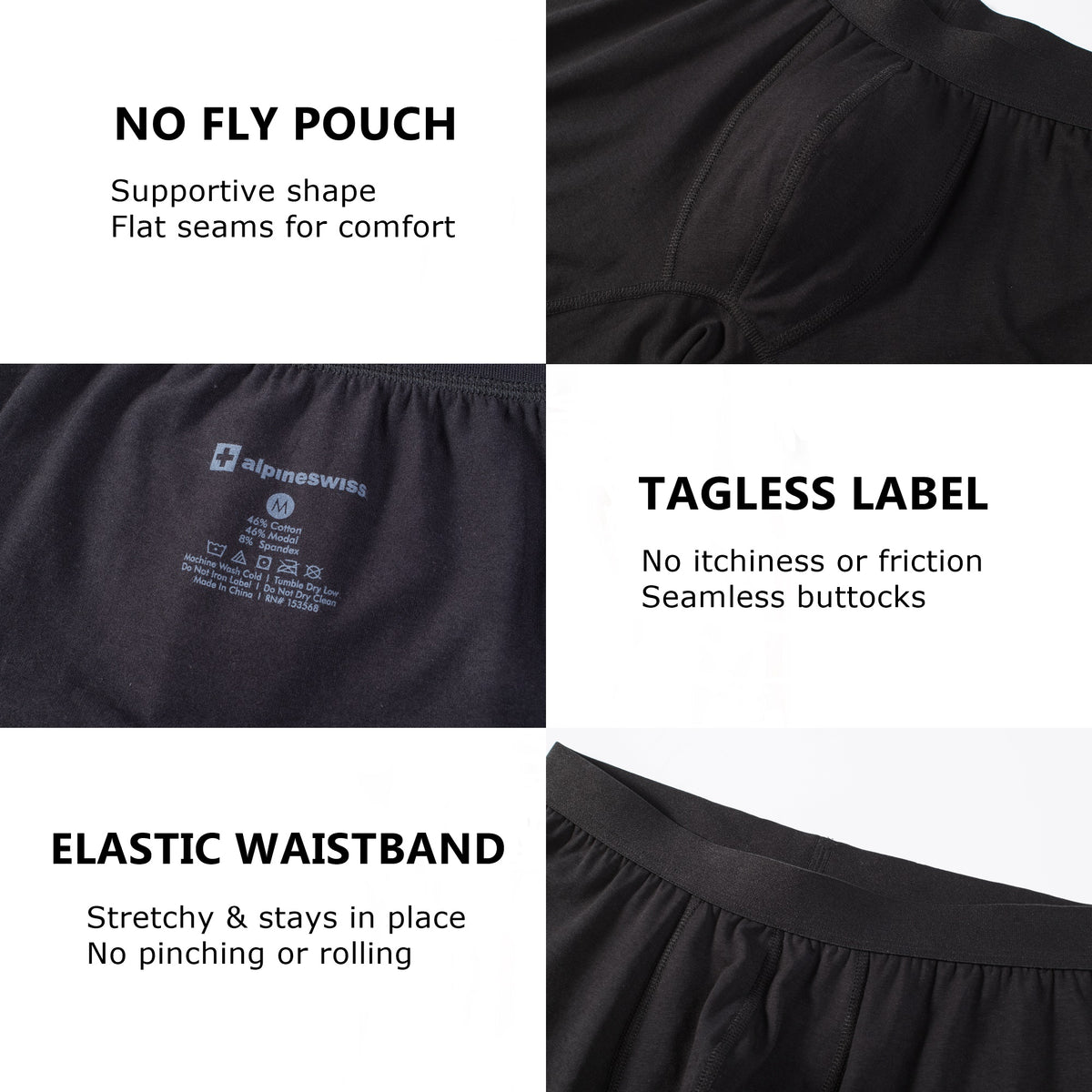 Alpine Swiss Mens Boxer Briefs 3 Pack Underwear Breathable Comfortable Trunks – Black