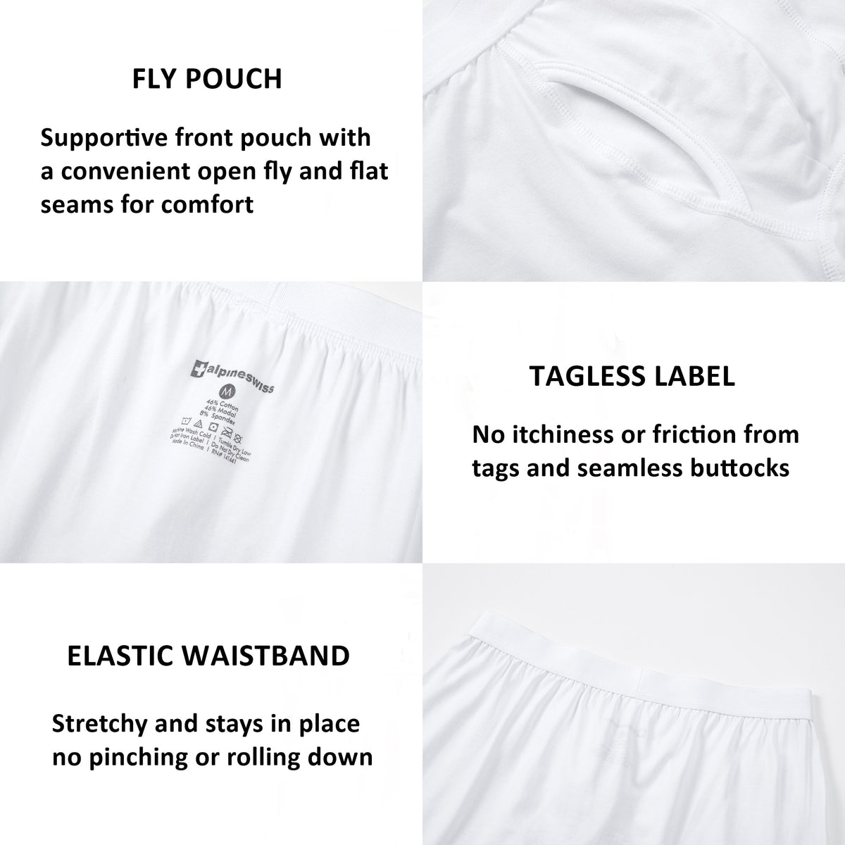 Alpine Swiss Mens Boxer Briefs 3 Pack Underwear Breathable Comfortable Trunks – White Fly