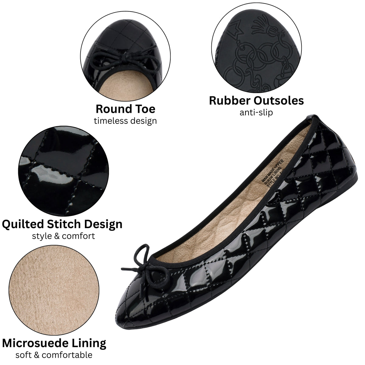 Alpine Swiss Women’s Aster Ballet Flats Patent Leather Slip-On Shoes Quilted Pillow – Black