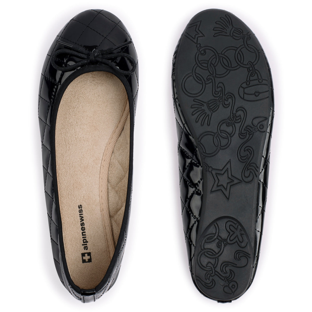 Alpine Swiss Women’s Aster Ballet Flats Patent Leather Slip-On Shoes Quilted Pillow – Black
