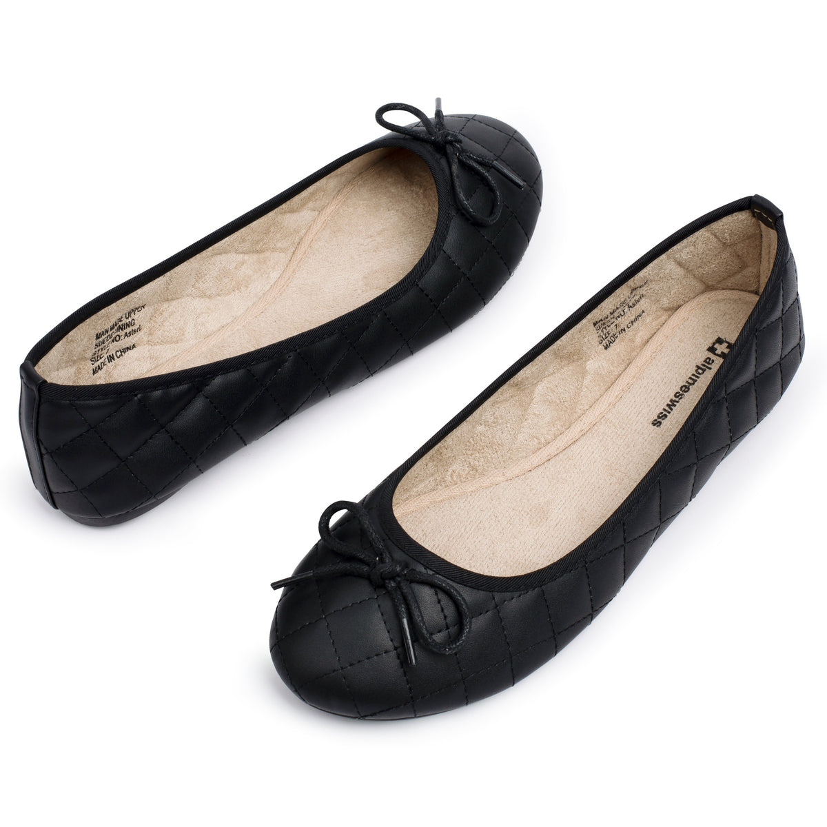 Alpine Swiss Women’s Aster Ballet Flats Patent Leather Slip-On Shoes Quilted Pillow – Jet Black