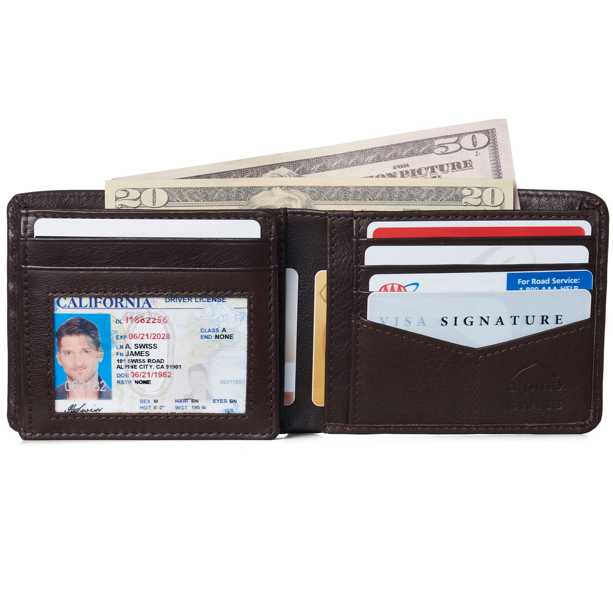 Alpine Swiss RFID Luka Men's Flip ID Wallet Deluxe Capacity ID Bifold With Divided – Soft Nappa Brown