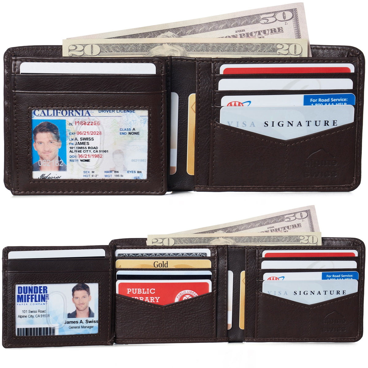 Alpine Swiss RFID Luka Men's Flip ID Wallet Deluxe Capacity ID Bifold With Divided – Soft Nappa Brown