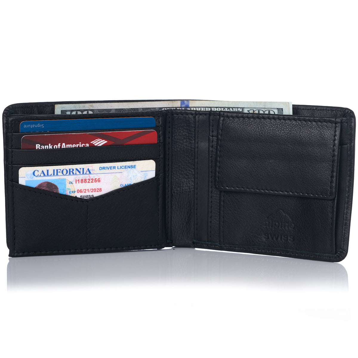 Alpine Swiss RFID Protected Men’s Max Coin Pocket Bifold Wallet with Divided Bill – Soft Nappa Black
