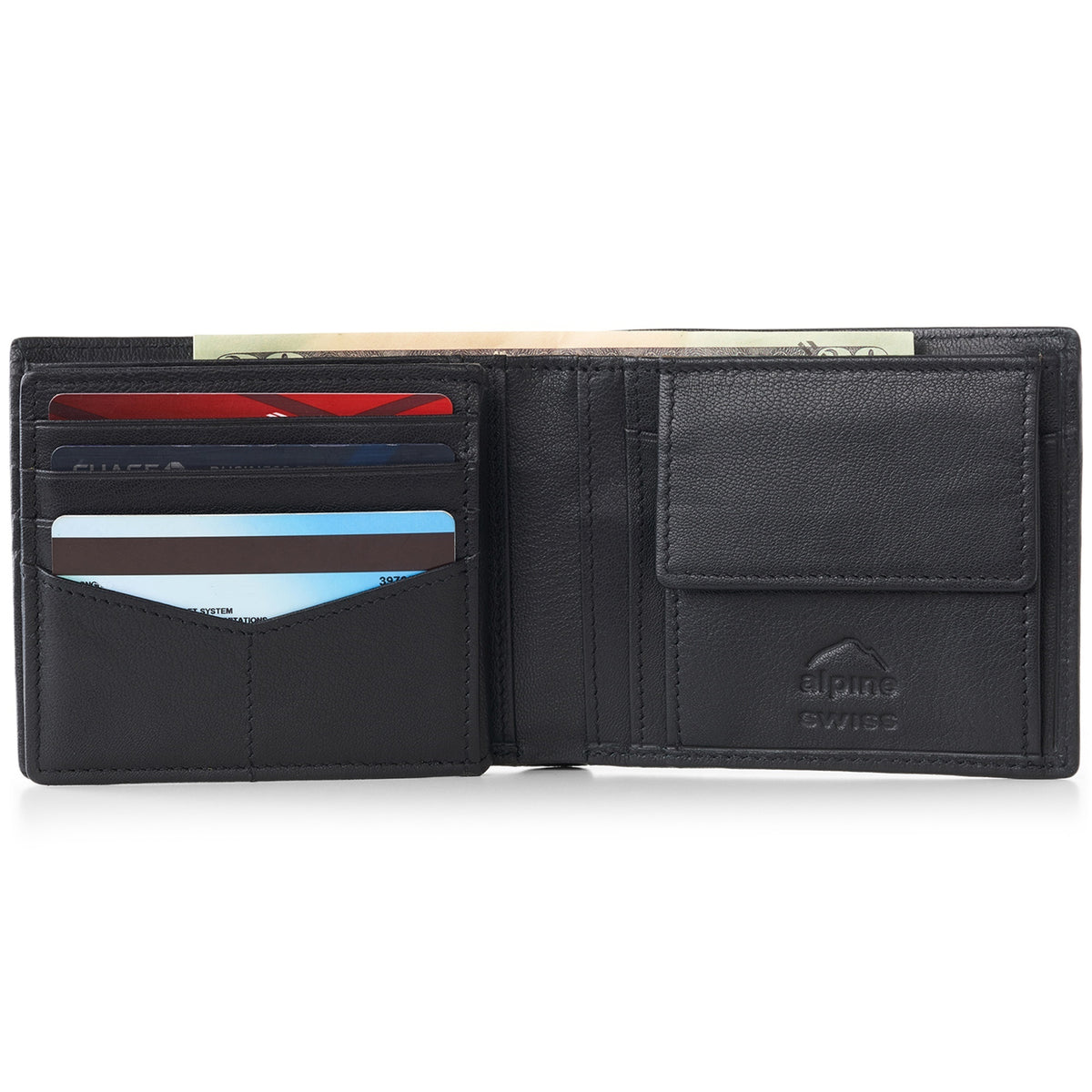 Alpine Swiss RFID Protected Men’s Max Coin Pocket Bifold Wallet with Divided Bill – Nappa Black