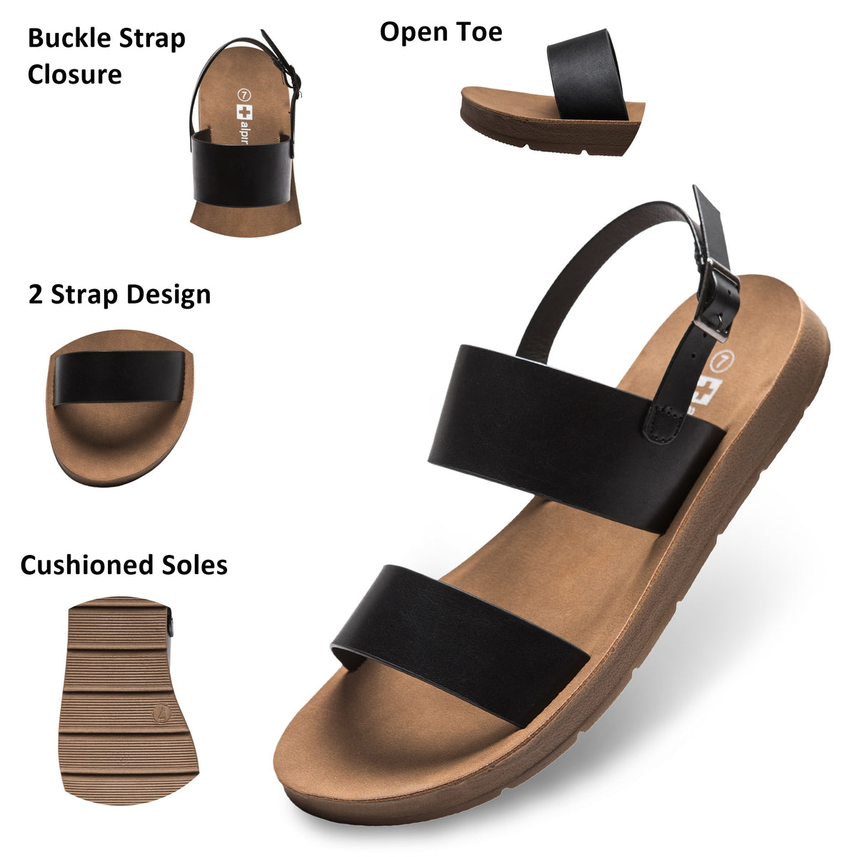 Alpine Swiss Beth Womens Flat Sandals Two Strap Buckle Slides Comfortable Summer – Black