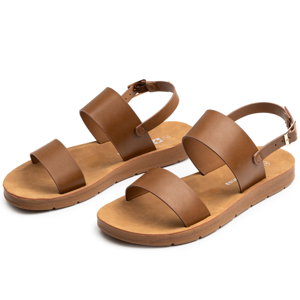 Alpine Swiss Beth Womens Flat Sandals Two Strap Buckle Slides Comfortable Summer – Tan