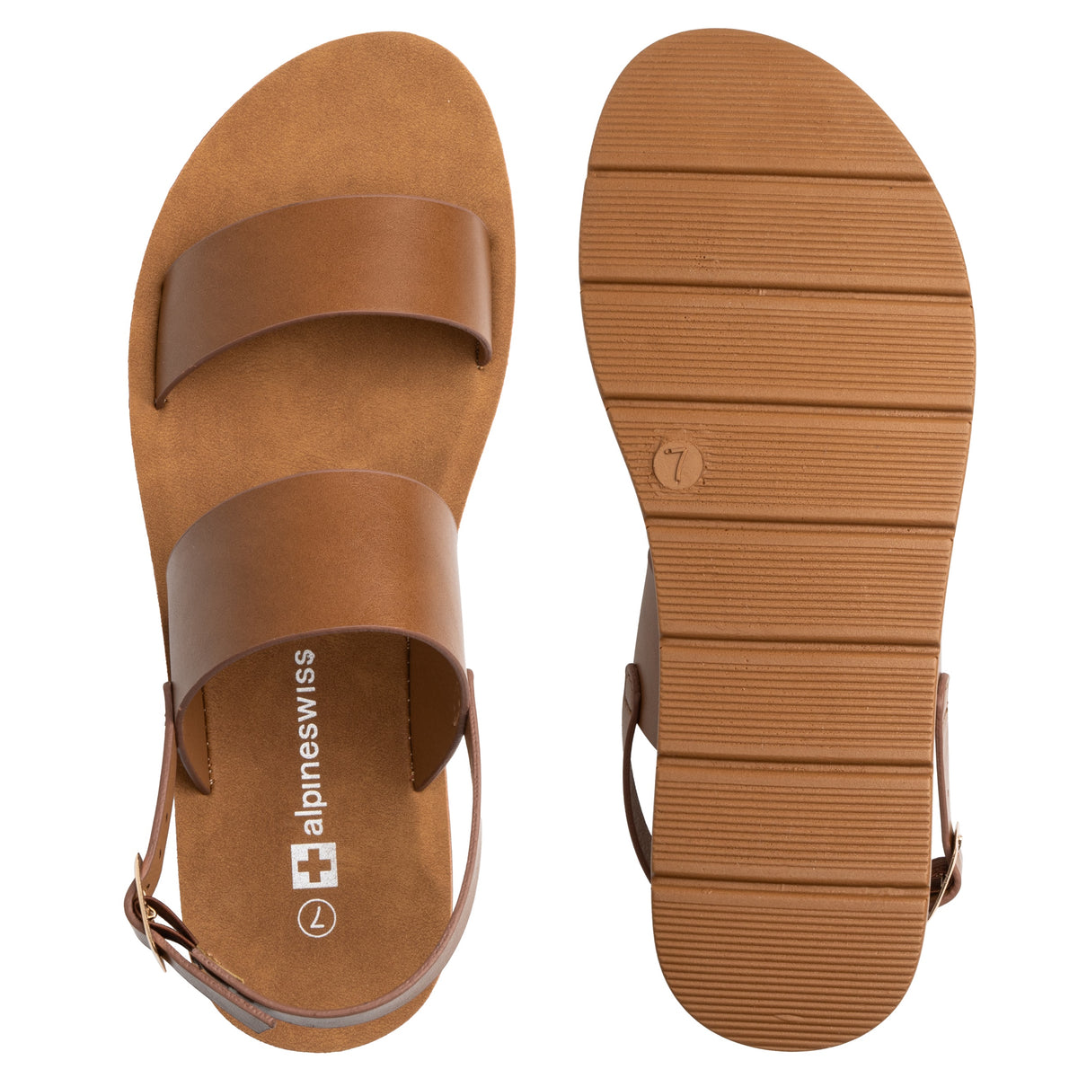 Alpine Swiss Beth Womens Flat Sandals Two Strap Buckle Slides Comfortable Summer – Tan