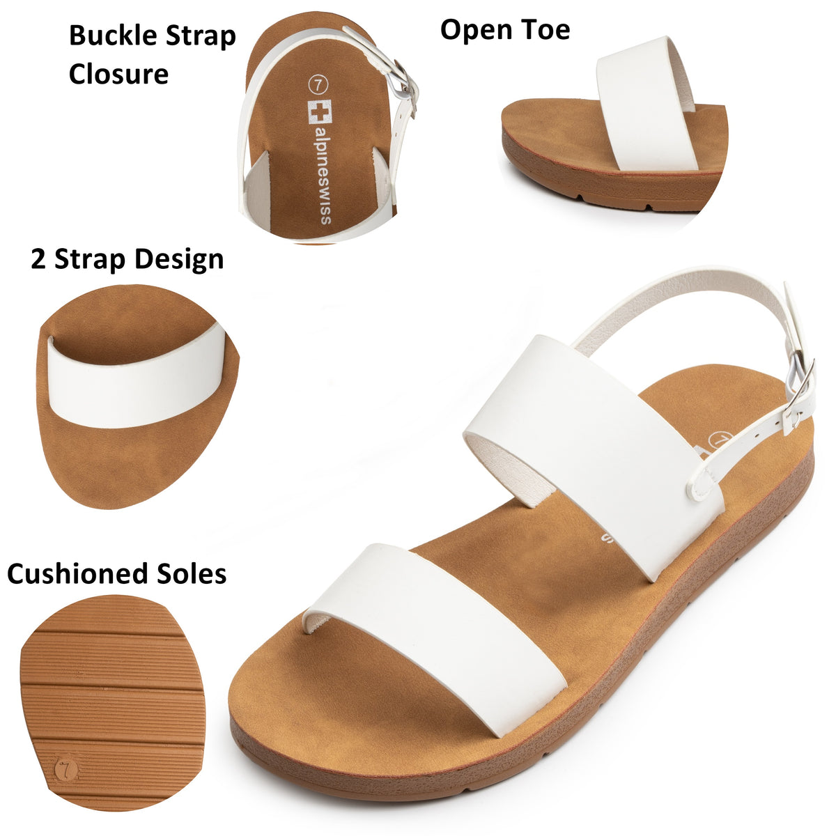 Alpine Swiss Beth Womens Flat Sandals Two Strap Buckle Slides Comfortable Summer – White