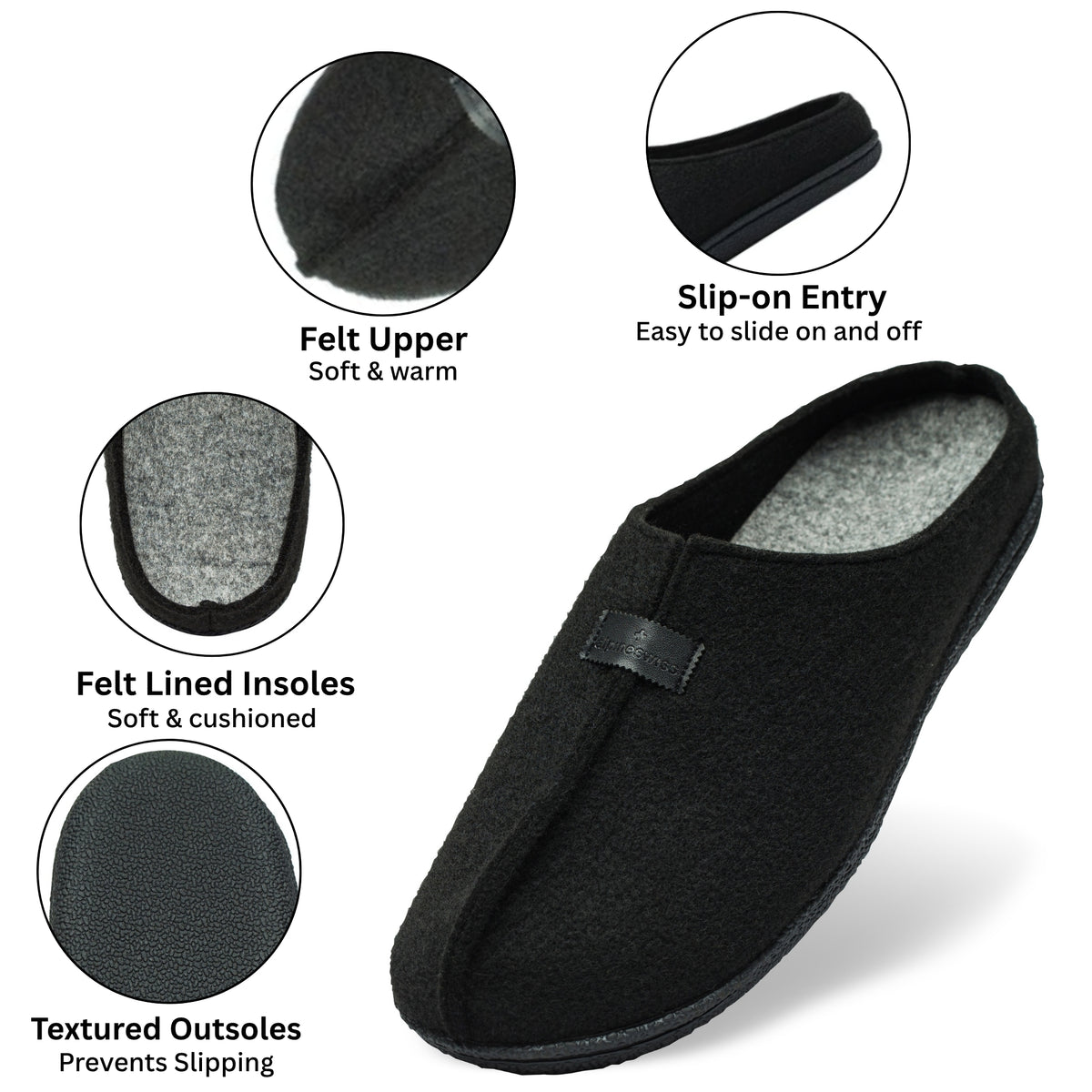 Alpine Swiss Mens Felt Faux Wool Clog Slippers Comfortable Cushion House Shoes – Black