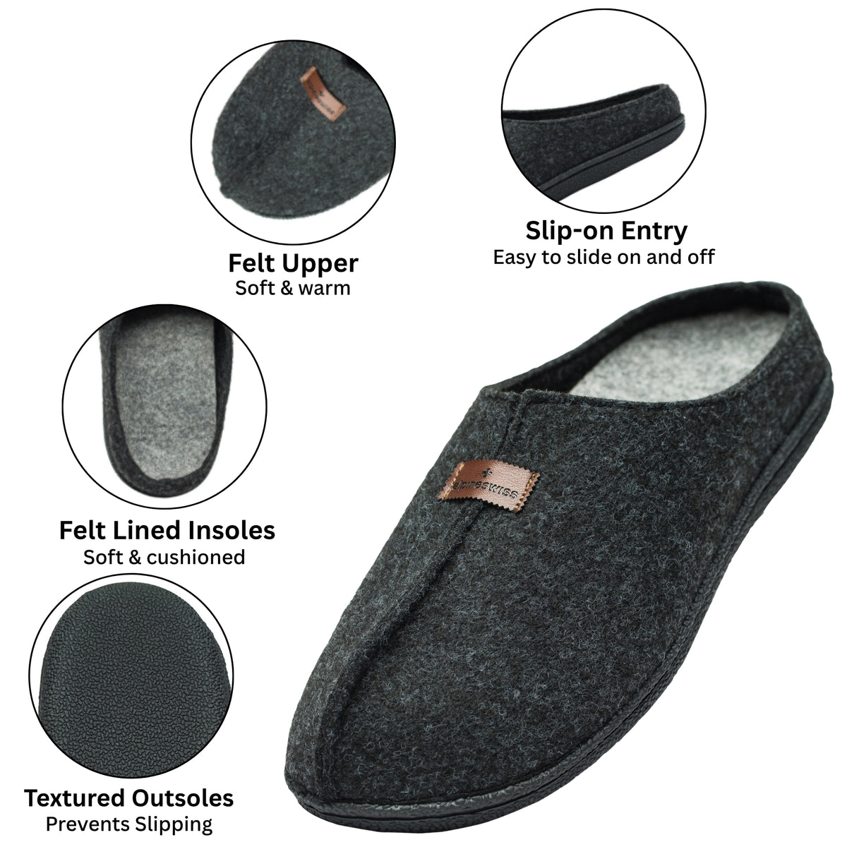 Alpine Swiss Mens Felt Faux Wool Clog Slippers Comfortable Cushion House Shoes – Charcoal