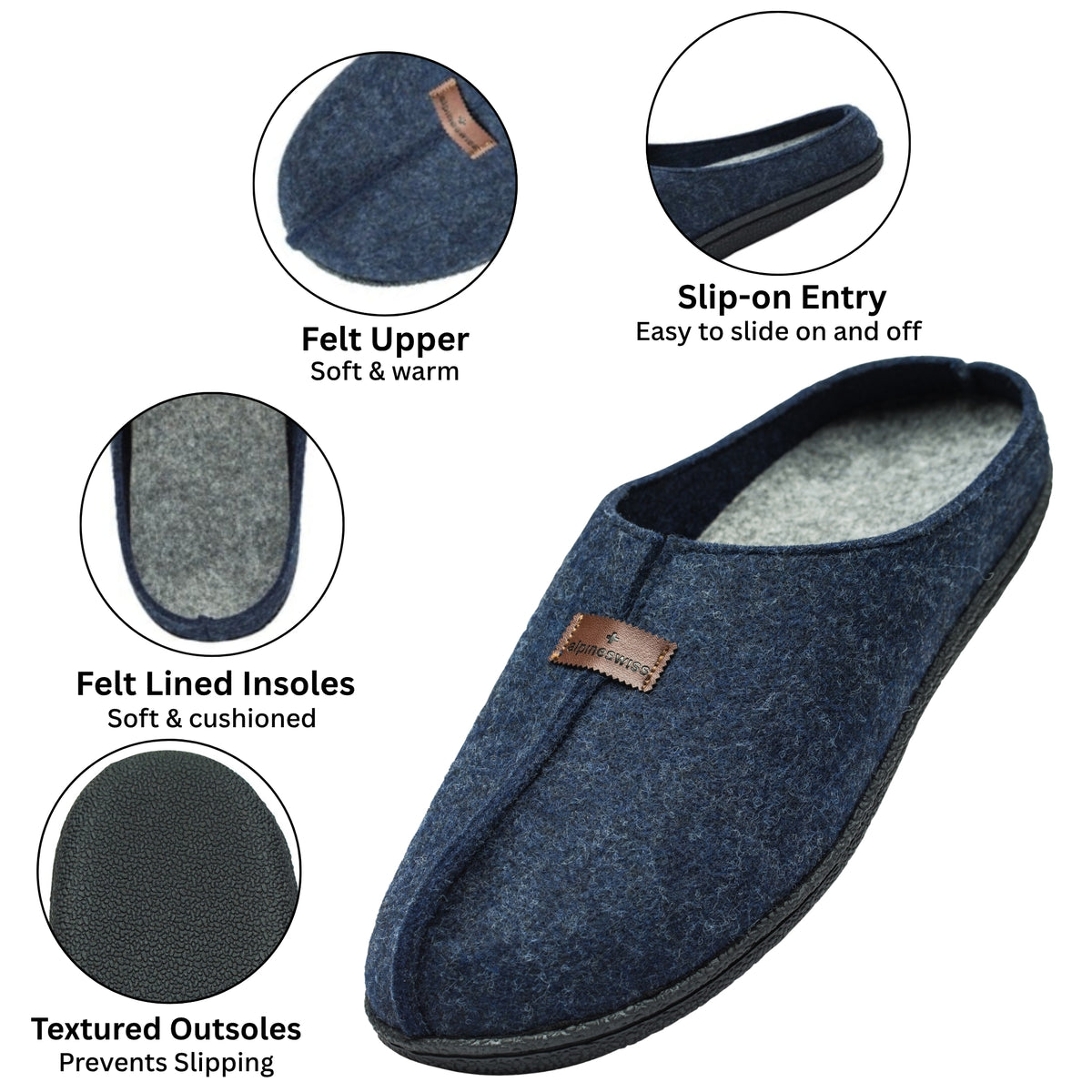 Alpine Swiss Mens Felt Faux Wool Clog Slippers Comfortable Cushion House Shoes – Navy
