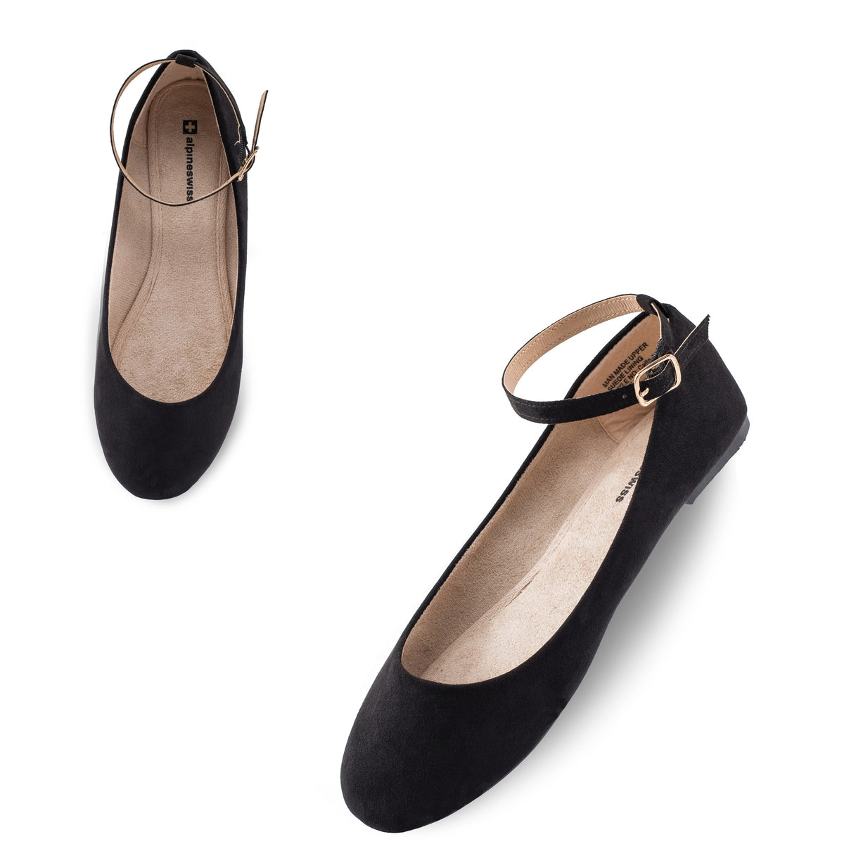 Alpine Swiss Calla Women's Ballet Flats Round Toe Ankle Strap Flat Shoes Casual Wear – Microsuede Black