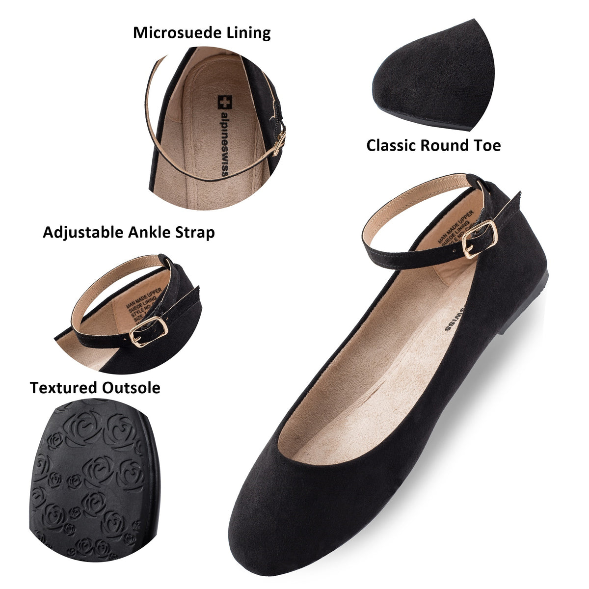 Alpine Swiss Calla Women's Ballet Flats Round Toe Ankle Strap Flat Shoes Casual Wear – Microsuede Black