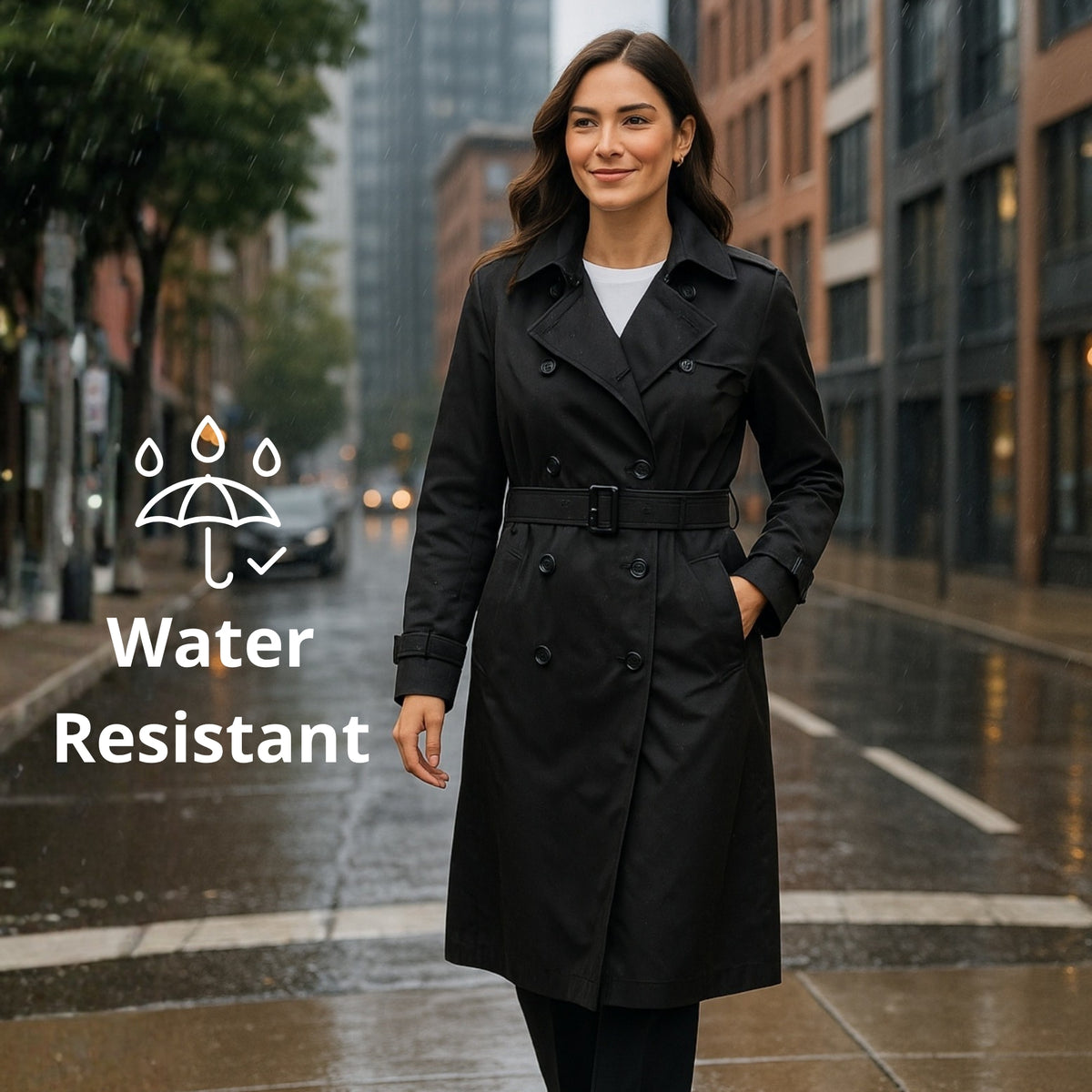 Alpine Swiss Carla Women Long Trench Coat Belted Waterproof Rain Jacket Raincoat – Black