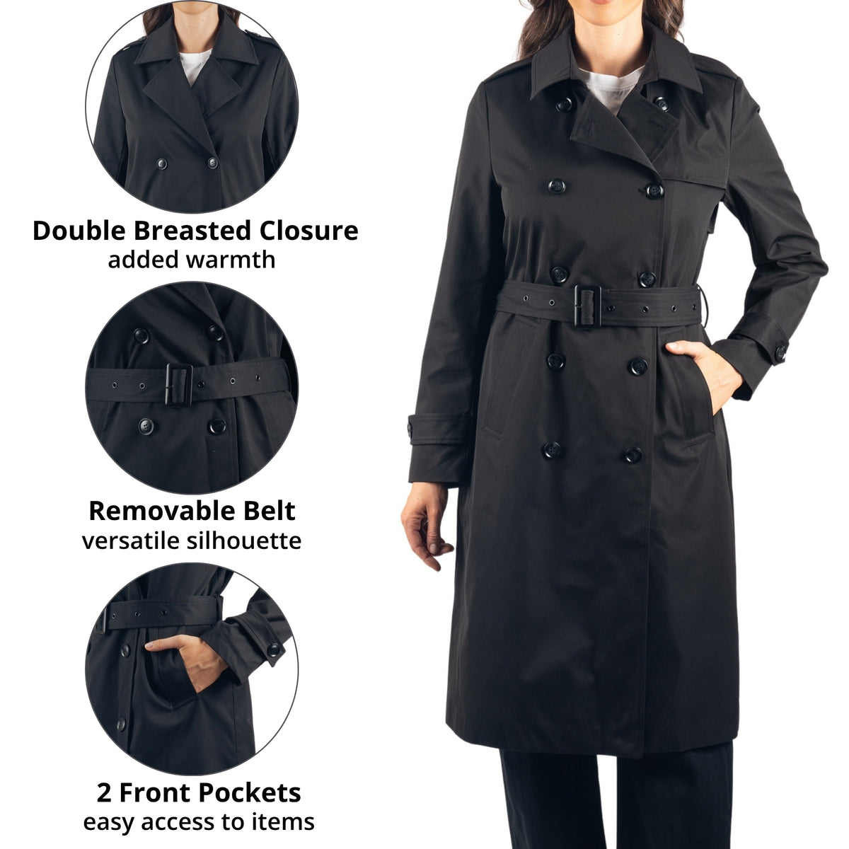 Alpine Swiss Carla Women Long Trench Coat Belted Waterproof Rain Jacket Raincoat – Black