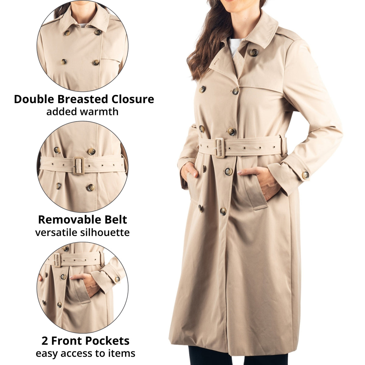 Alpine Swiss Carla Women Long Trench Coat Belted Waterproof Rain Jacket Raincoat – Khaki