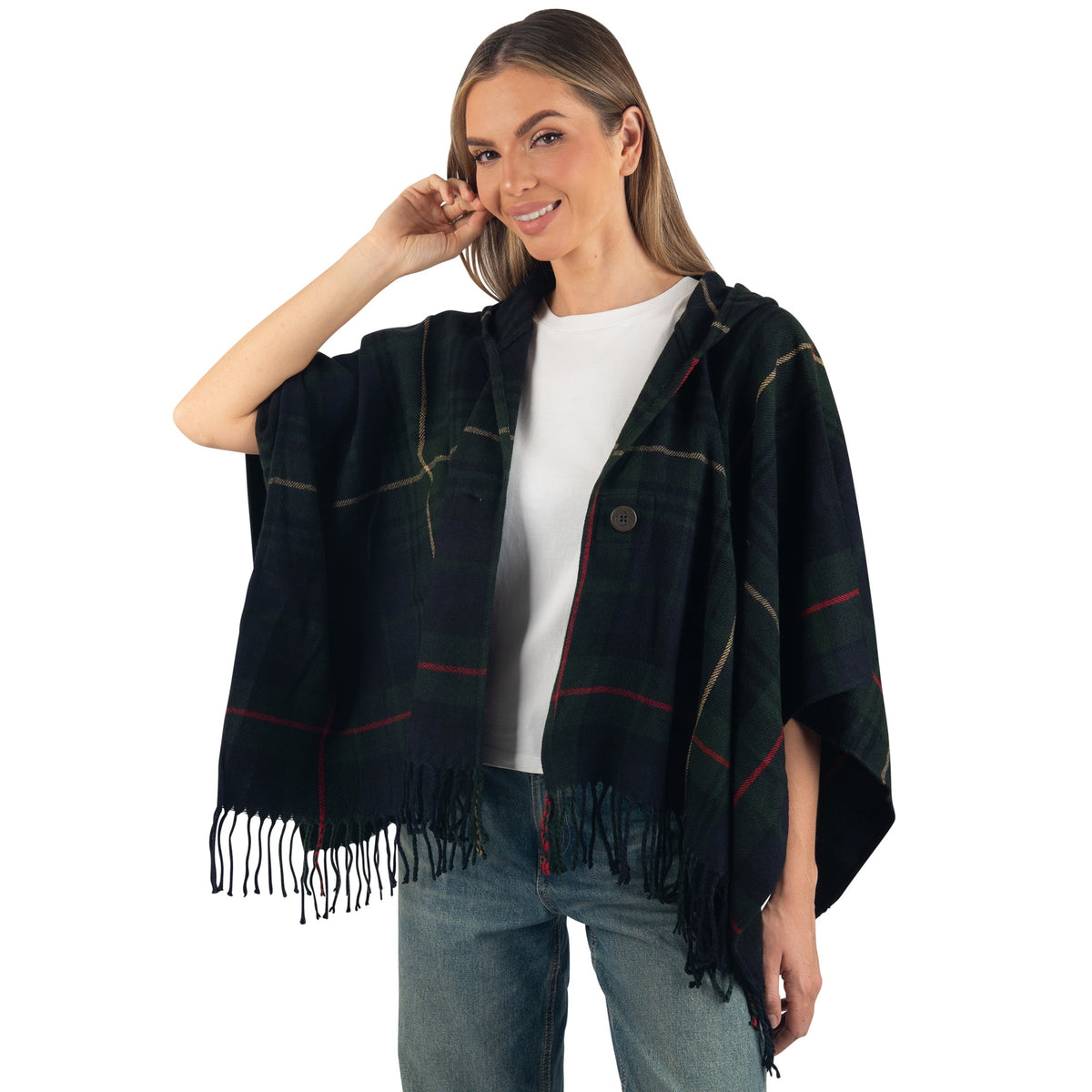 Alpine Swiss Carol Womens Shawl Wrap with Hood Poncho Sweater Large Scarf Fringe – Green Plaid