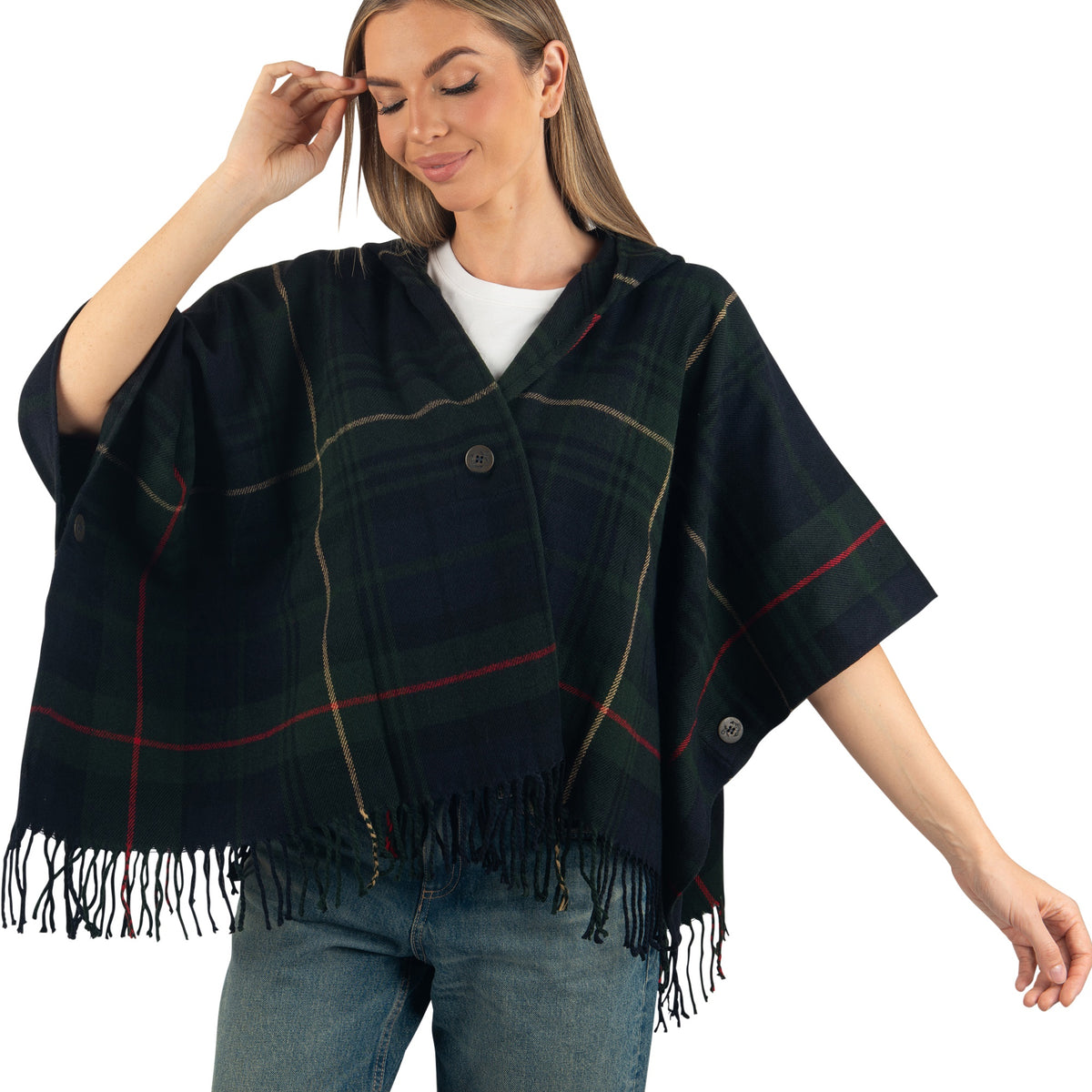 Alpine Swiss Carol Womens Shawl Wrap with Hood Poncho Sweater Large Scarf Fringe – Green Plaid