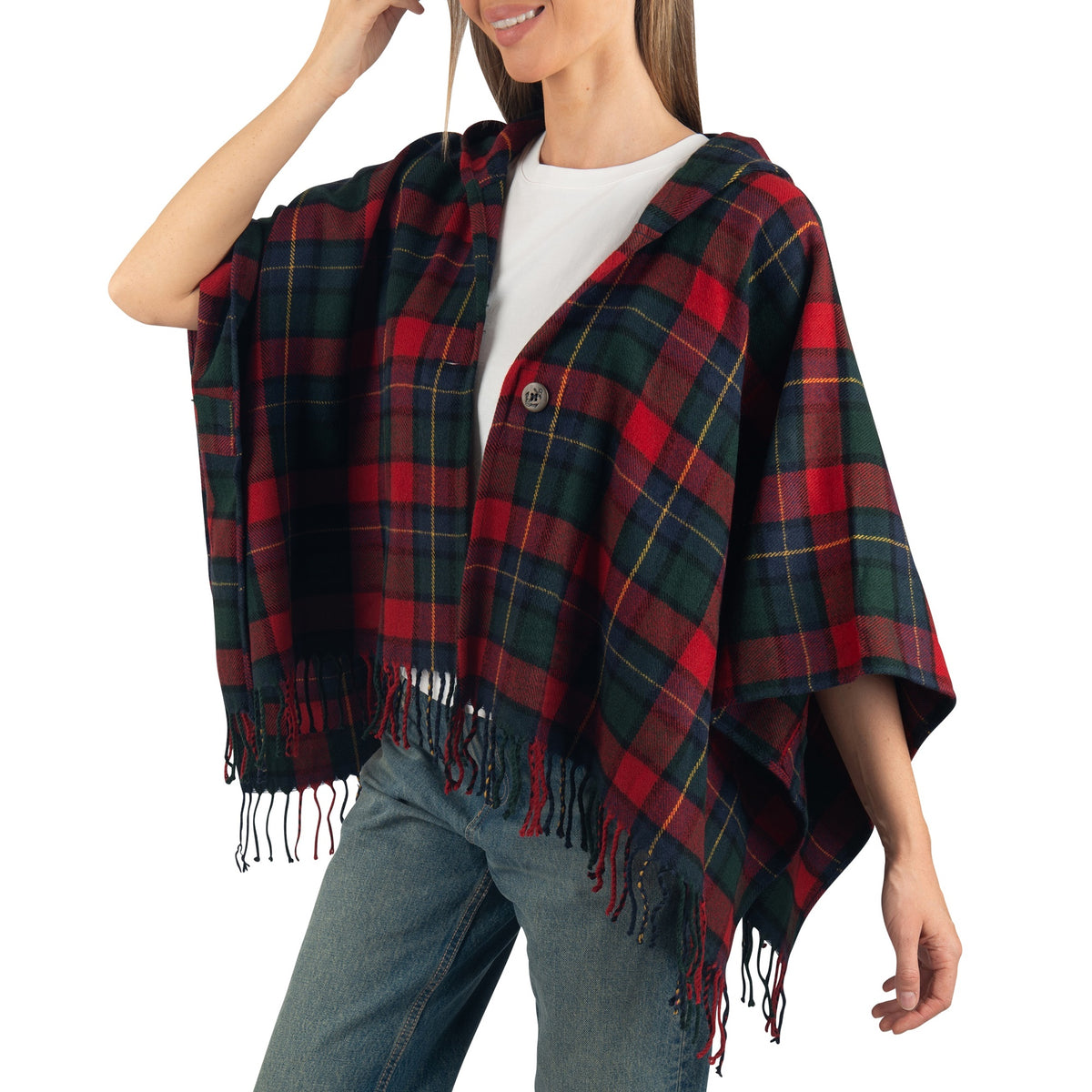 Alpine Swiss Carol Womens Shawl Wrap with Hood Poncho Sweater Large Scarf Fringe – Red Plaid