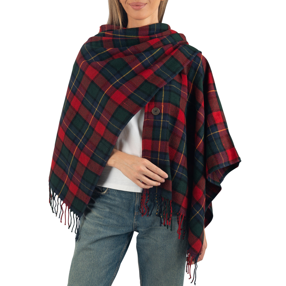 Alpine Swiss Carol Womens Shawl Wrap with Hood Poncho Sweater Large Scarf Fringe – Red Plaid