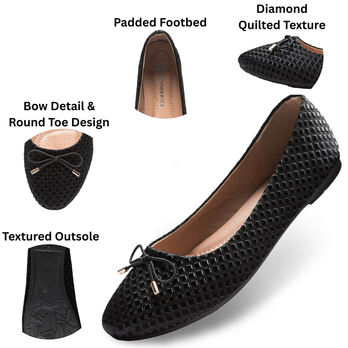 Alpine Swiss Claire Womens Ballet Flats Round Toe Slip On Comfortable Flat Shoes – Black