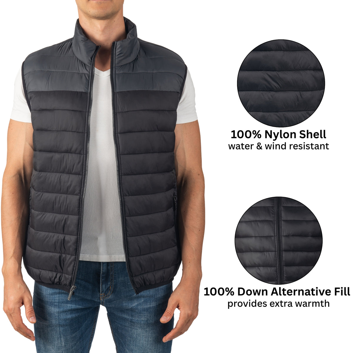Alpine Swiss Clark Mens Puffer Vest Down Alternative Water Resistant Packable – Black Gray