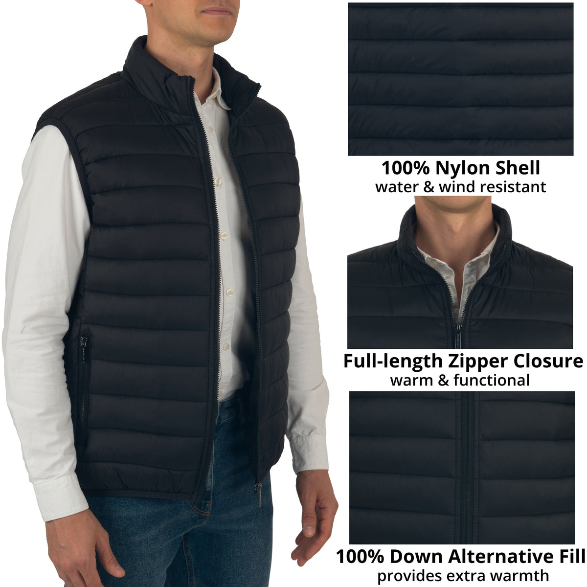 Alpine Swiss Clark Mens Puffer Vest Down Alternative Water Resistant Packable – Black