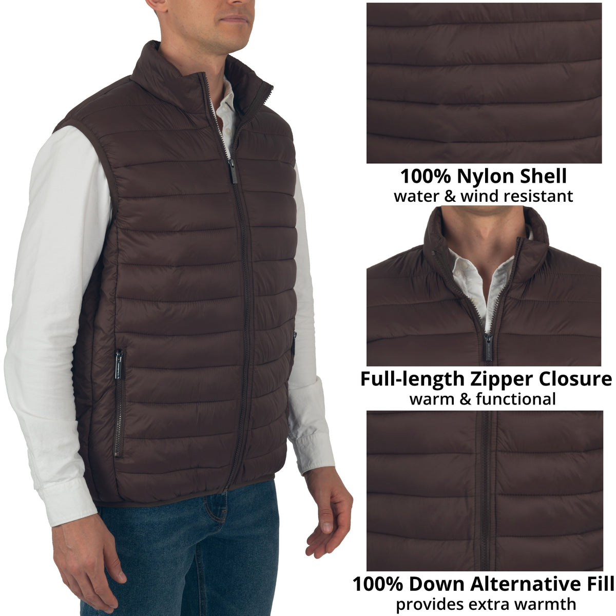 Alpine Swiss Clark Mens Puffer Vest Down Alternative Water Resistant Packable – Brown