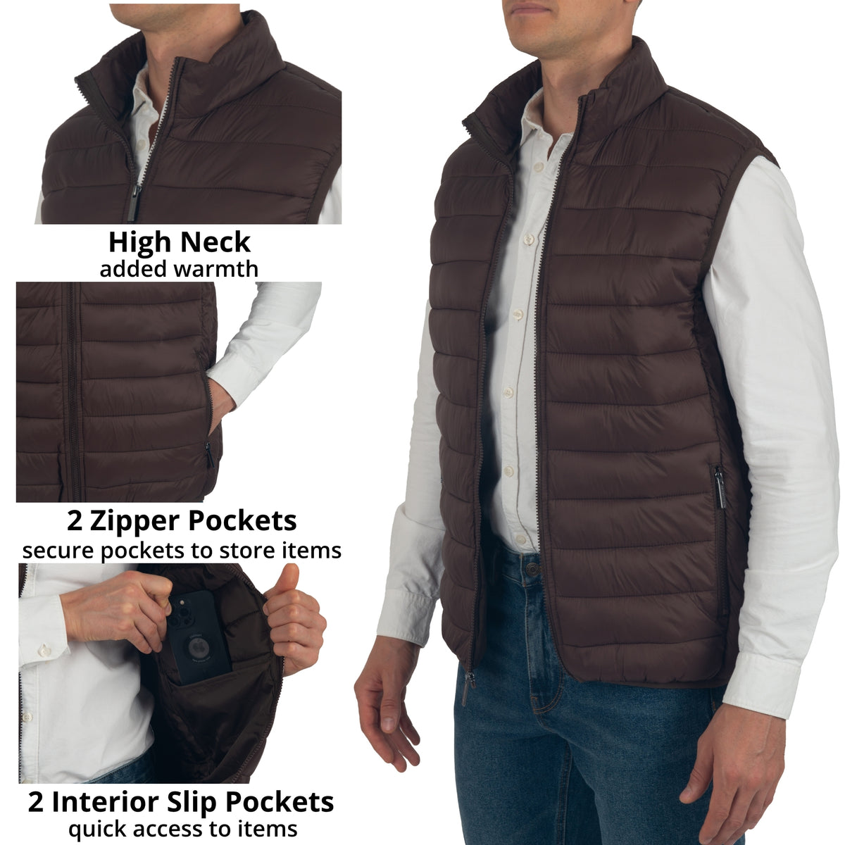 Alpine Swiss Clark Mens Puffer Vest Down Alternative Water Resistant Packable – Brown