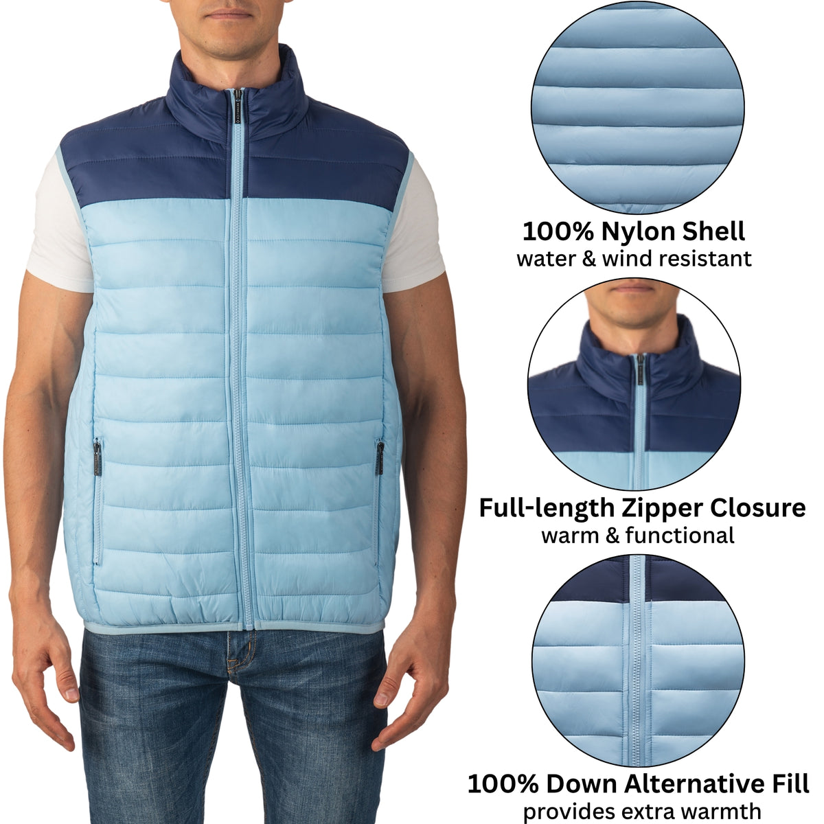 Alpine Swiss Clark Mens Puffer Vest Down Alternative Water Resistant Packable – Sky Blue Navy