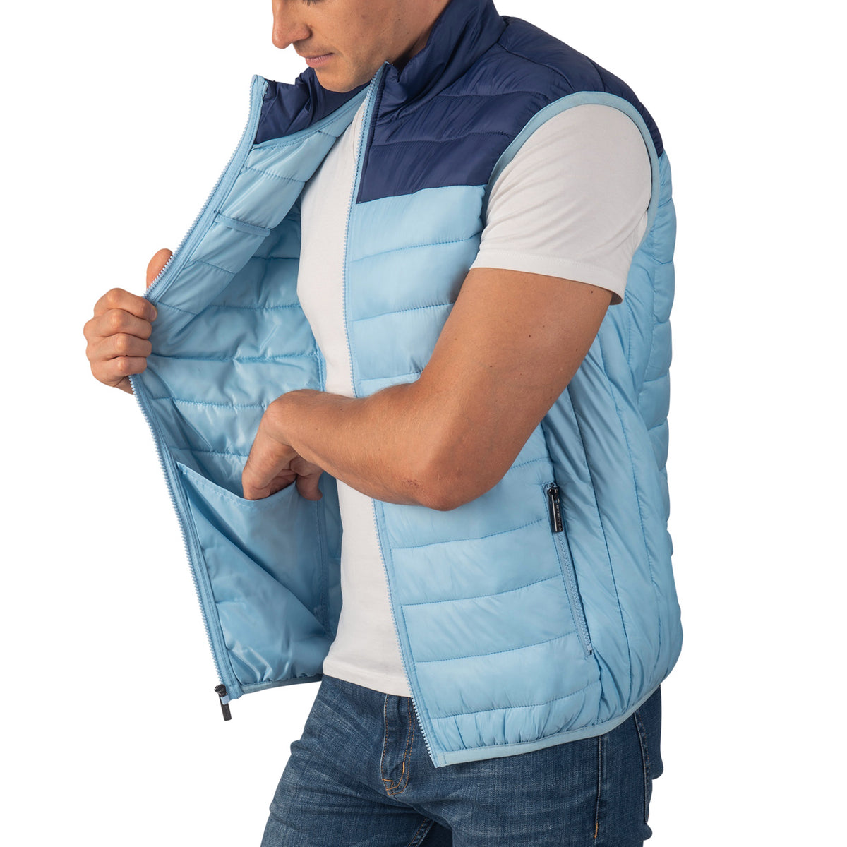 Alpine Swiss Clark Mens Puffer Vest Down Alternative Water Resistant Packable – Sky Blue Navy