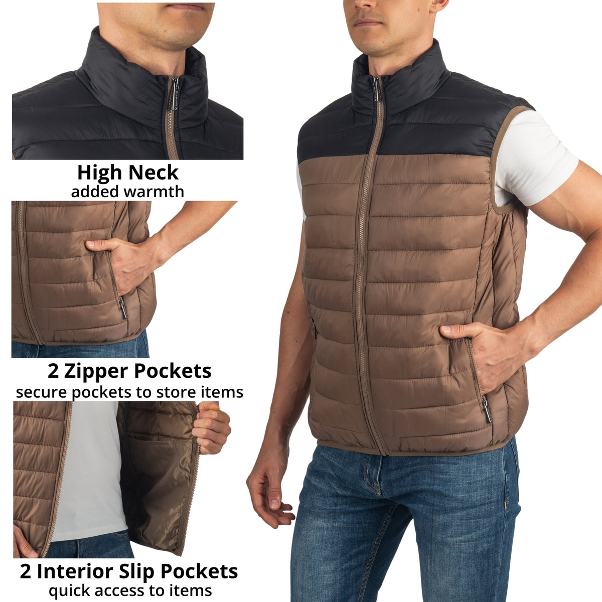 Alpine Swiss Clark Mens Puffer Vest Down Alternative Water Resistant Packable – Taupe Black