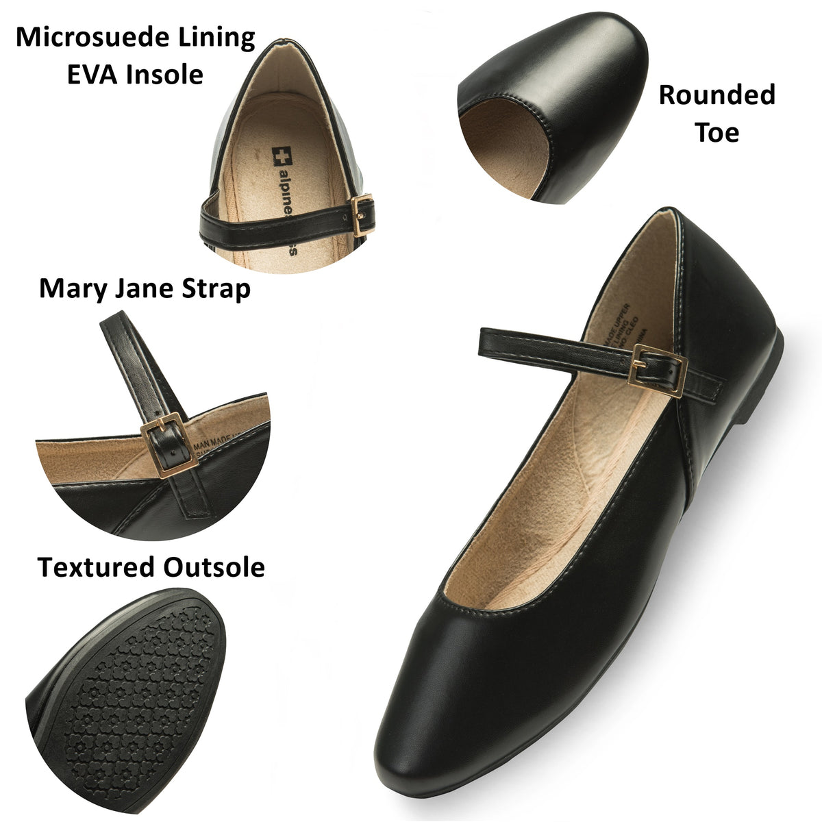 Alpine Swiss Cleo Women’s Mary Jane Ballet Flats Stylish Comfy Round Toe Dress Shoes – Black