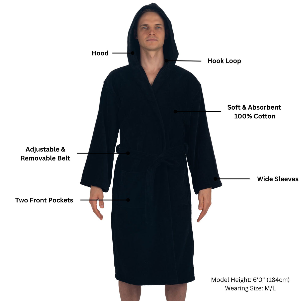 Alpine Swiss Dane Mens Hooded Bathrobe Cotton Terry Cloth Luxury Hotel Spa Robe – Black