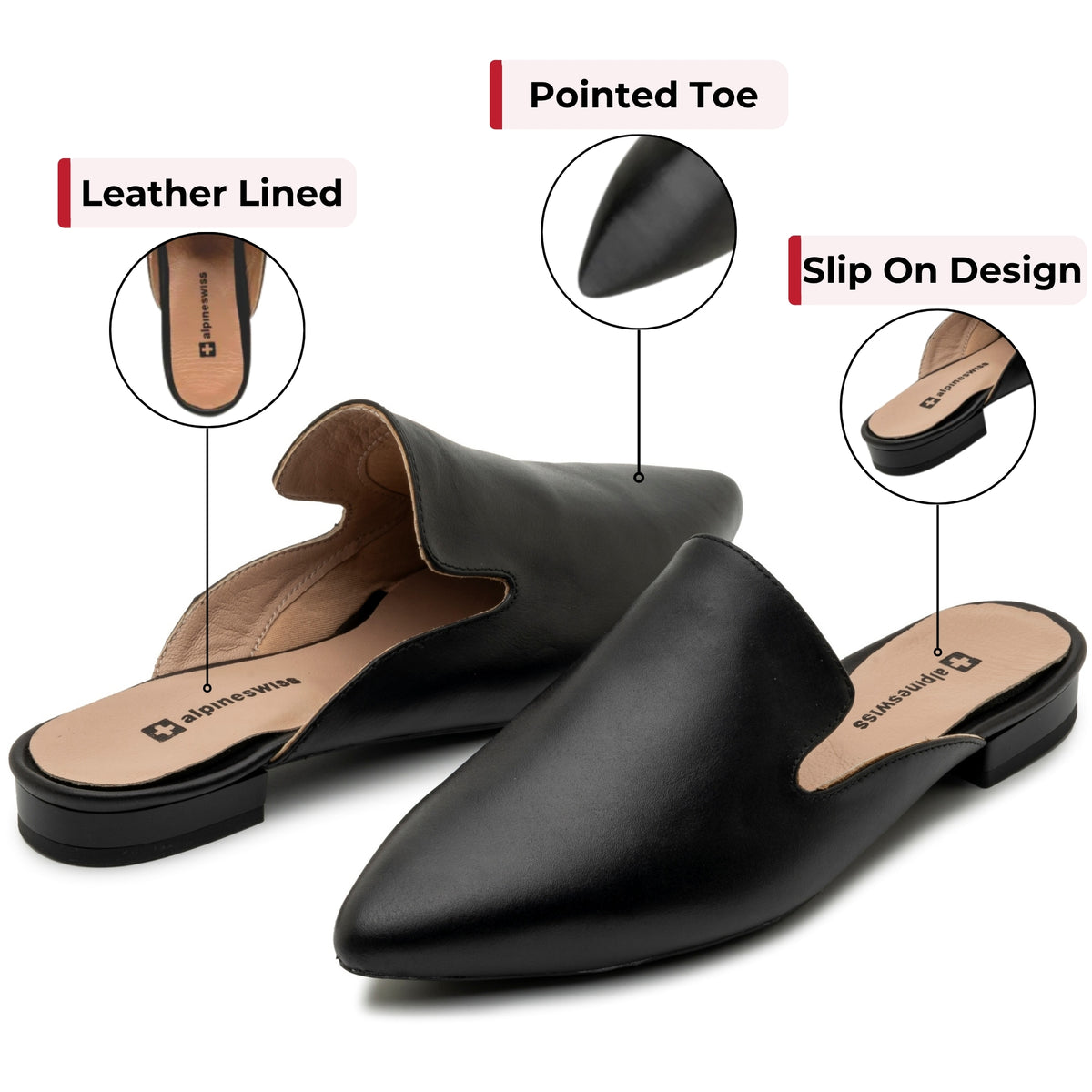 Alpine Swiss Diane Womens Leather Mules Pointed Toe Slip On Flats Comfort Loafer – Black Leather