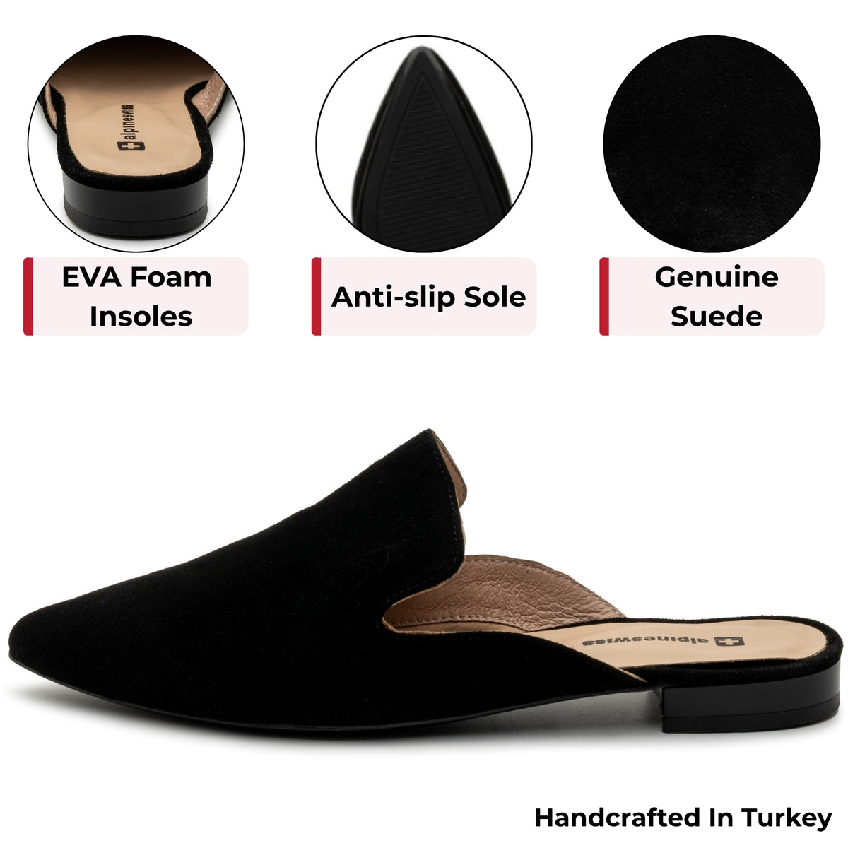 Alpine Swiss Diane Womens Leather Mules Pointed Toe Slip On Flats Comfort Loafer – Black Suede