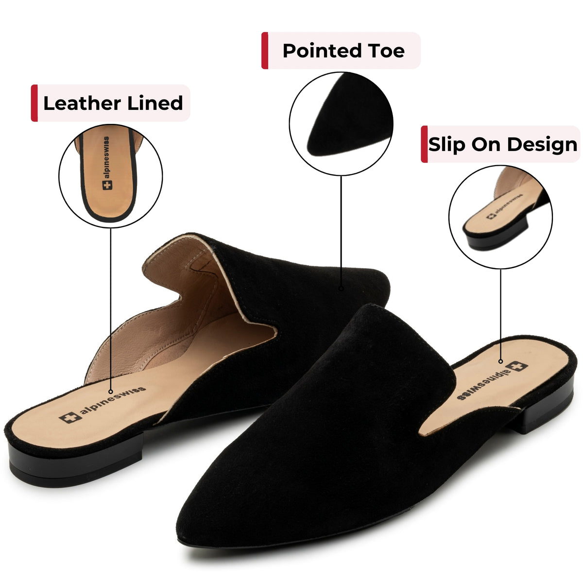 Alpine Swiss Diane Womens Leather Mules Pointed Toe Slip On Flats Comfort Loafer – Black Suede