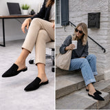 Alpine Swiss Diane Womens Leather Mules Pointed Toe Slip On Flats Comfort Loafer – Black Suede