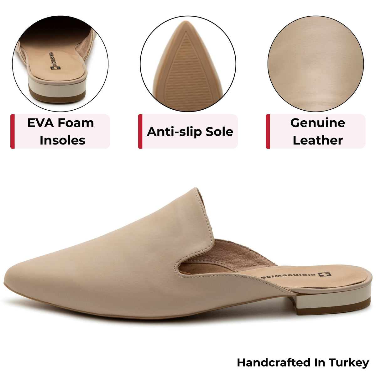 Alpine Swiss Diane Womens Leather Mules Pointed Toe Slip On Flats Comfort Loafer – Cream Leather