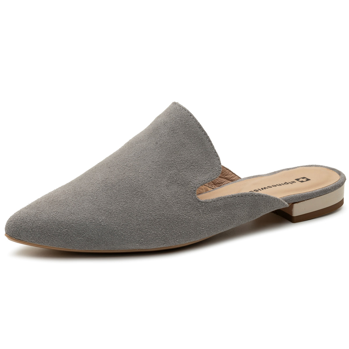 Alpine Swiss Diane Womens Leather Mules Pointed Toe Slip On Flats Comfort Loafer – Gray Suede