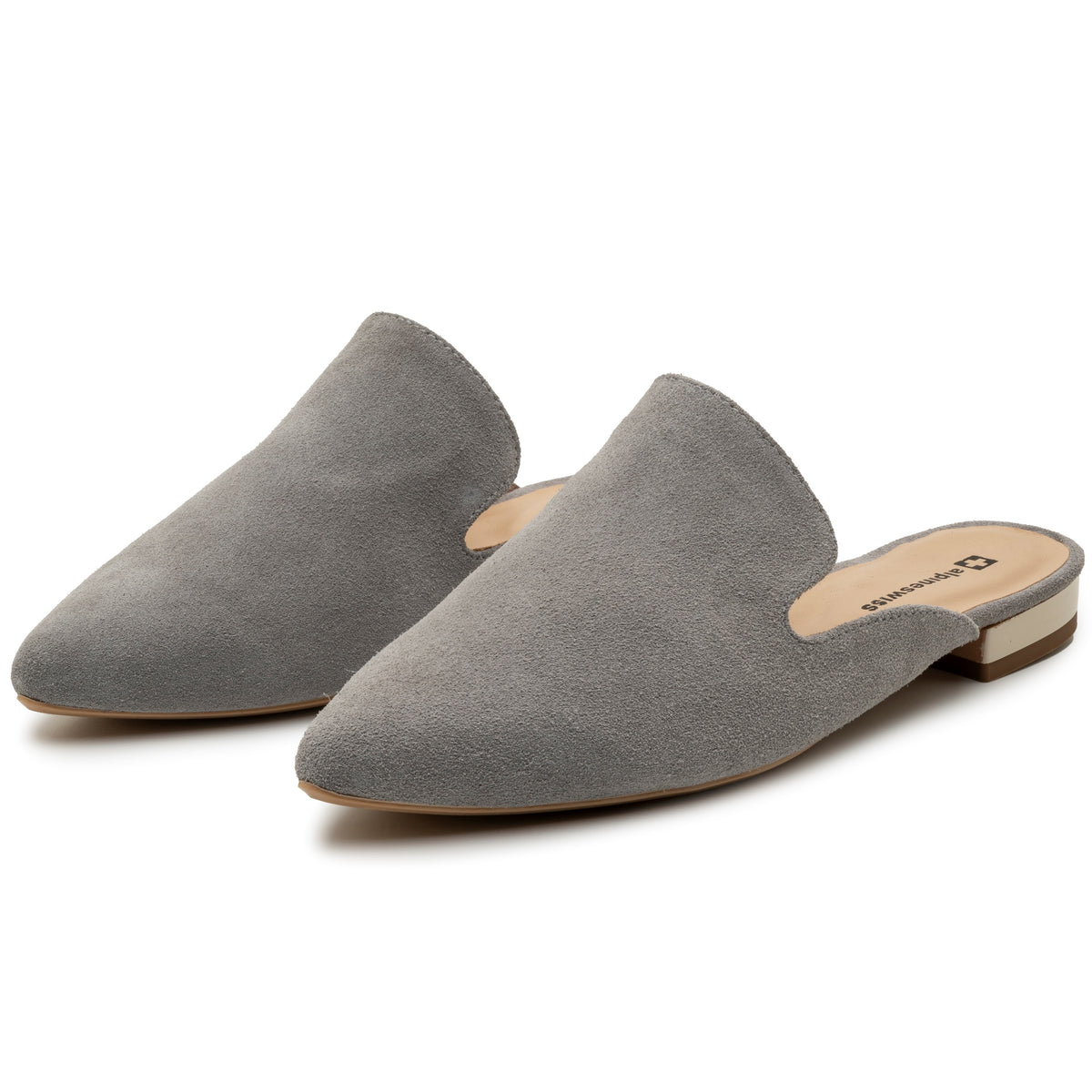 Alpine Swiss Diane Womens Leather Mules Pointed Toe Slip On Flats Comfort Loafer – Gray Suede